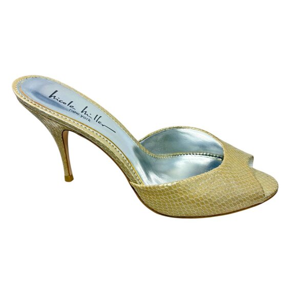 Nicole Miller Winfred Champagne Embossed Leather Open Toe Stiletto Mules - Picture 5 of 11